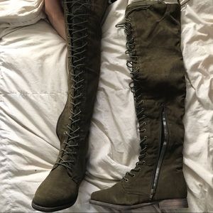 Olive green thigh high boots